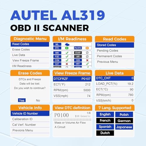 Autel AL319 Professional OBD2 Scanner, Enhanced Check Engine Code Reader | Reset Fault Code, Live Data, Freeze Frame