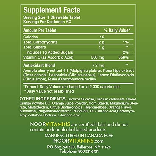 Noor Vitamins 500 MG Halal Vitamin C Chewable Tablets + Rose Hips and Antioxidants I Supports Immune System I Vegan
