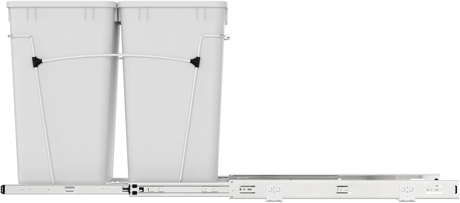 Rev-A-Shelf Double 27 Qt Pullout Trash Can for Base Kitchen Cabinets, Garbage Waste Bin System with Full Extension Slides, Min Opening Width of 11.5", Metallic Silver, RV-15KD-17C S