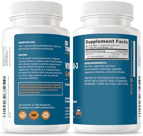 Dr. Tobias Vitamin D3 5000 IU 90 Capsules | Extra Strength Vitamin D | Bone, Teeth & Immune Support | 5