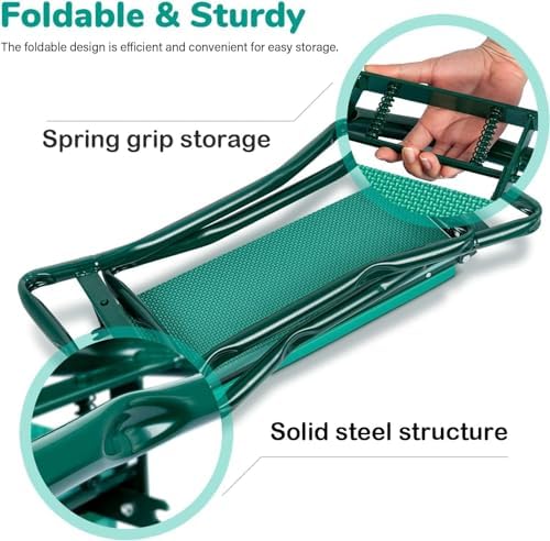 iPower Garden Kneeler and Seat Foldable Kneeling Bench with Sturdy Soft EVA Foam Pad for Outdoor, Fishing, Camping, 2 Tool Pouches Included, Green