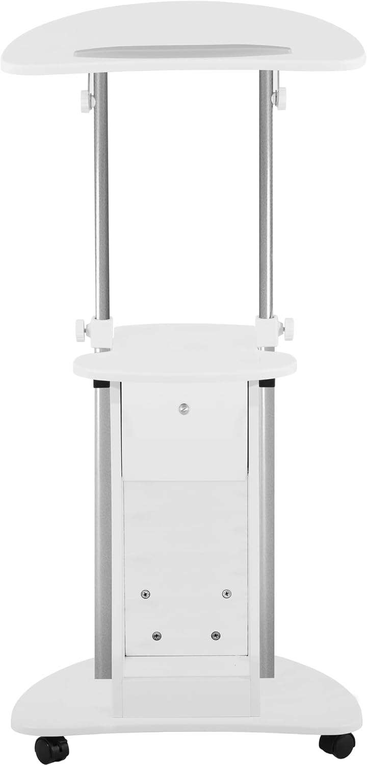 Techni Mobili Adjustable Height Rolling Laptop Cart with Storage, Graphite | Adjustable height rolling laptop cart with storage drawer, open shelf, wheels, sit‑stand design for office or medical use