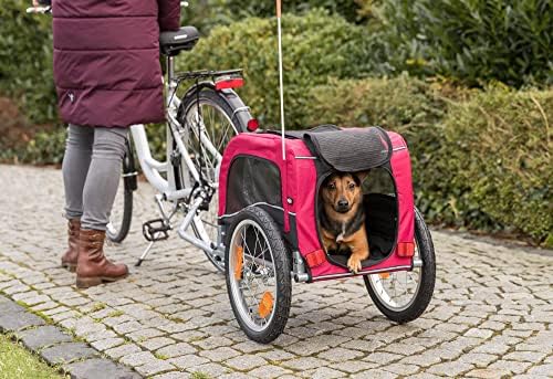 TRIXIE Medium Dog Bike Trailer - Foldable Pet Bicycle Trailer for Dogs up to 48lbs – Features Quick Fastening Wheels, 2 Doors, Safety Leash & Waterproof Carrier - 50 x 25 x 26.5in - Black/Red