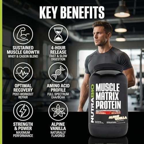 NutraBio Muscle Matrix Protein Powder - 25g of Protein Per Scoop - Whey Isolate and Micellar Casein Combo for Fast and Slow Release - Vanilla - 2 Pounds, 28 Servings