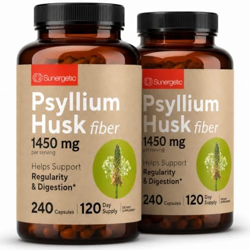 Premium Psyllium Husk Fiber Supplement 1450mg, 240 Capsules | 1,450 mg per 2-capsule serving; supports regularity & digestive health, with 120 servings and no powder mixing