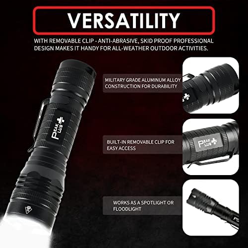 PeakPlus LED Tactical Flashlight PTAC1000 [2 Pack] - Single Mode, High Lumen, Zoomable, Water Resistant, Flash Light - Camping, Outdoor, Emergency