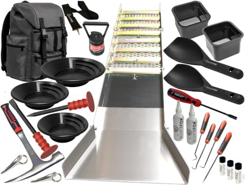 Complete Gold Mining Kit, Folding 50 inch River Sluice Box, Prospecting Equipment, Rock Pick Hammer, Gold Classifiers, Pay Dirt Scoop