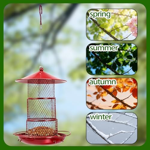 Three-Tier Metal Hanging Bird Feeder Durable and Sturdy, red Finish Large Capacity with Perch Mesh Design Features Drainage Holes (Red)