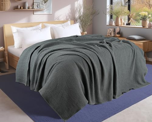 Tex Trend 100% Cotton Waffle Weave Blanket Queen Size - Soft, Breathable Cooling Blanket for Bed, Lightweight Cozy Summer & Spring Bedding, Grey, 90x90