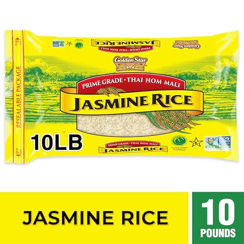 Golden Star Thai Hom Mali White Jasmine Rice - Prime Grade White Rice - 10 lb Bag | Prime Grade White Rice - Great for Gumbo, Curries & More - Cook in Microwave or on Stove Top