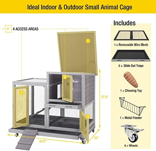 Aivituvin Rabbit Hutch, Indoor Bunny Cage with Run Outdoor Rabbit House with Two Deeper No Leak Trays - 4 Casters Include (Grey)