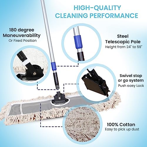 24" Industrial Cotton Floor Dust Mop with adjustable Steel Handle - Commercial Mops for Hardwood, Tiles, Laminate, Vinyl, Garage epoxy, Bamboo surface cleaning and Flooring Push Dust Broom