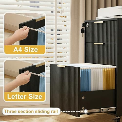 3 Drawers Fluted Mobile File Cabinet with Lock, Rolling File Cabinet Printer Stand Table, Under Desk Wooden Filing Cabinets for Home Office Essentials Storage Organization Furniture Letters/A4(Oak)