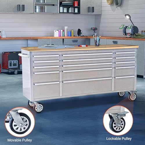 61-Inch Rolling Tool Chest with 10 Drawers & Power Strip, Solid Rubber Wood Top, 1675 LBS Load Heavy Duty Mobile Workstation, Locking System and Drawer Liners for Garage Warehouse Shop, Black