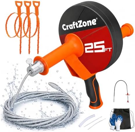 Drain Auger 25 Ft,Plumbing Snake With Drill Adapter,Pipe Clog Remover for Kitchen Bathroom Shower Sink Cleaning,Flexible Spring Steel