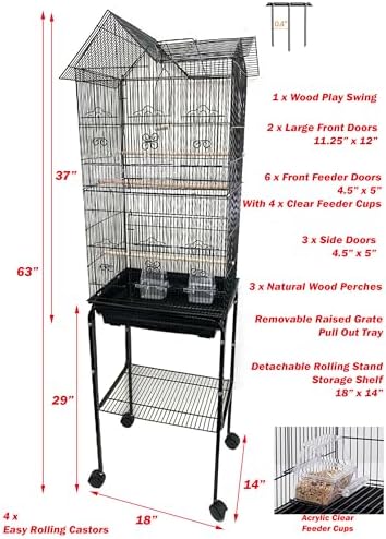 63" Roof Top Bird Flight Parrot Pet House Home Cage with Removable Rolling Stand for Cockatiel Sun Conure Parakeet Finch Budgie Lovebird Canary