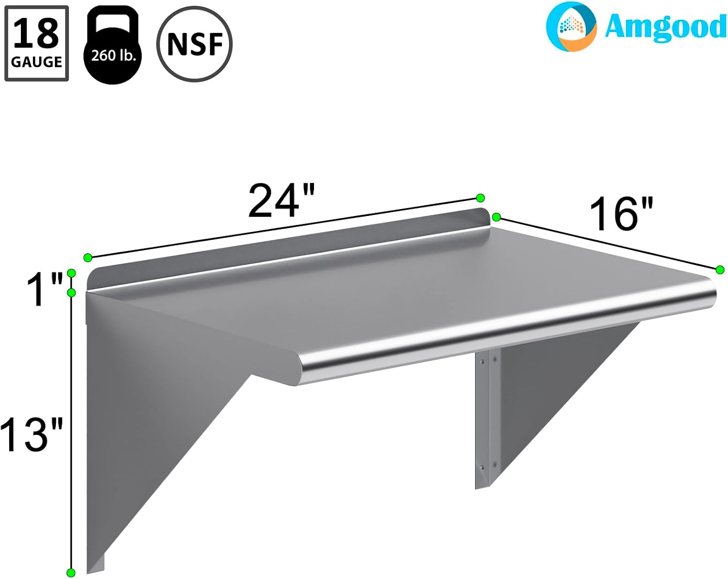 AmGood 24" Long X 18" Deep Stainless Steel Wall Shelf | NSF Certified | Appliance & Equipment Metal Shelving | Kitchen, Restaurant, Garage, Laundry, Utility Room