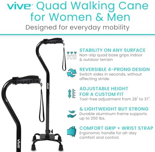 Vive Quad Cane - Walking Stick for Men and Women - Lightweight Adjustable Staff - Comfortable Right and Left Hand Grip for Stability Support - Four Prong Sturdy Aluminum Travel Aid - 4 Tip Blue | Senior 4 Prong Walking Stick for Stability & Balance- Righ…