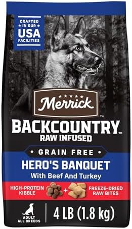 Merrick Backcountry Grain Free Dry Adult Dog Food, Kibble With Freeze Dried Raw Pieces, Hero’s Banquet Recipe - 4.0 lb. Bag