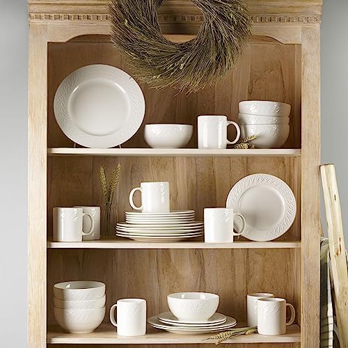 Pfaltzgraff Sylvia Dinnerware Set 32-Piece Service for 8 - White Porcelain Dinner Plates, Salad Plates, Soup Bowls and Mugs with Embossed Scrollwork