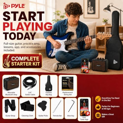 Pyle Electric Guitar and Amp Kit - Full Size 39" Complete Starter Kit with Wearable Bluetooth Amplifier, 1/4” Cable, Carry Case, Strap, Strings, Picks, Cleaning Cloth, ST-Style Pickups (Black)