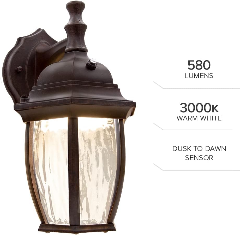 Maxxima LED Brown Outdoor Wall Light, 580 Lumens 3000K, Dusk to Dawn Sensor | Clear Water Glass, Warm White, Photocell Sensor, Exterior Patio or Porch Sconce Fixture