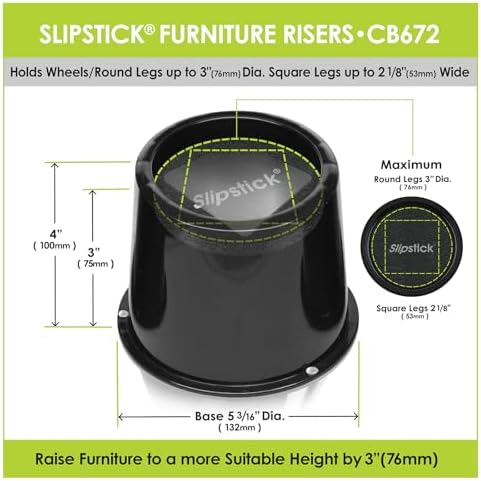 Slipstick CB672 Premium 3 Inch Bed Risers/Furniture Raisers with Steel Reinforced Caster Wheel Holder Top, Lifts Height 3" (4 Pack) Supports 2