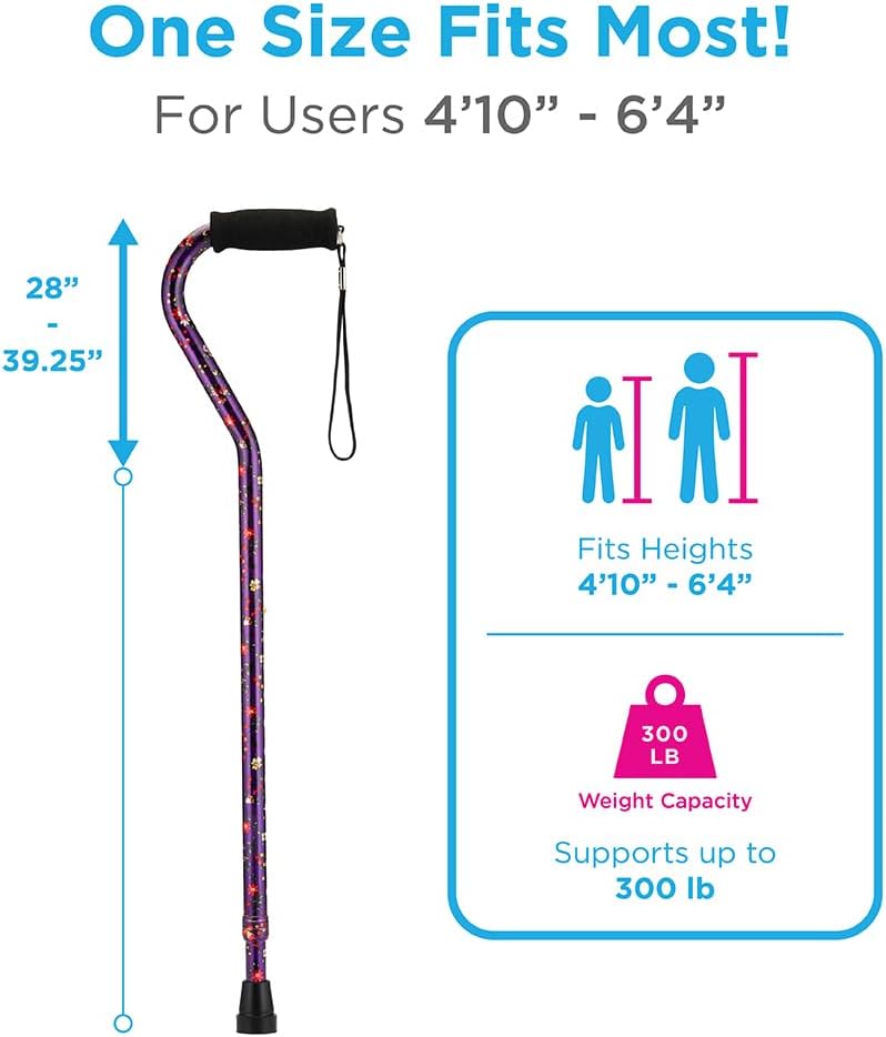 NOVA Designer Walking Cane with Offset Handle, Lightweight Adjustable Walking Stick with Carrying Strap, “Maui Flowers” Design