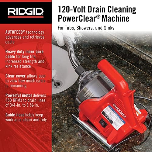 RIDGID 55808 PowerClear 120-Volt Drain Cleaning Machine Kit for Tubs, Showers, and Sinks, Drain Cleaner Machine Kit with AUTOFEED, Inner Core Cable