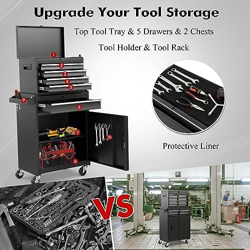Goplus 5-Drawer Rolling Tool Chest, Tool Storage Box, Removable Tool Cabinet, Sliding Metal Organizer w/Lockable Drawers (Classic Black)