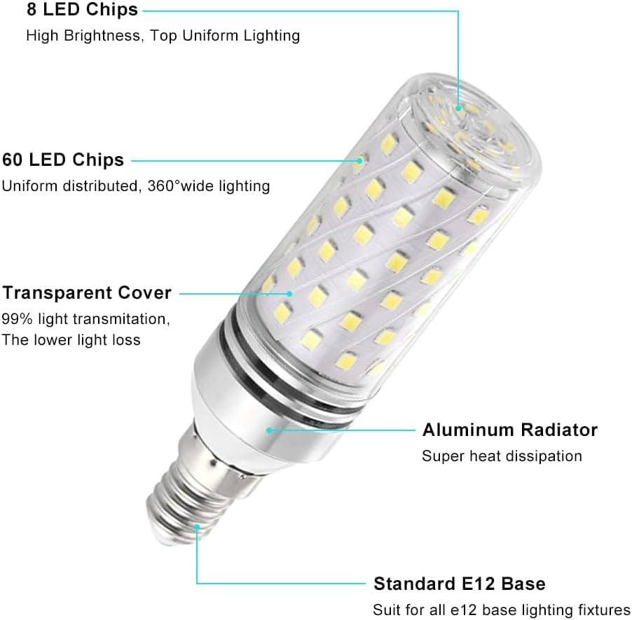 LEDLightsWorld Super Bright E12 LED Corn Bulbs, 16W 1500LM Bulbs, Daylight White 6000K Lights, CRI80+, 120W Incandescent Bulb Equivalent