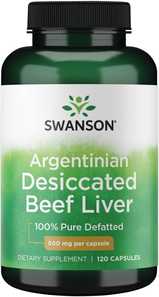 Swanson 100% Pure Defatted Desiccated Beef Liver 500 mg, 120 Capsules | Contains Naturally Occurring Vitamin B12 and Iron