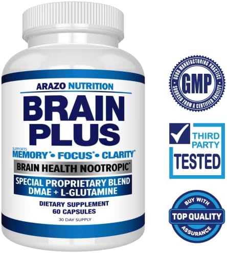 Arazo Nutrition Premium Brain Function Supplement – Memory, Focus, Clarity – Nootropic Booster with DMAE, Bacopa Monnieri, L-Glutamine