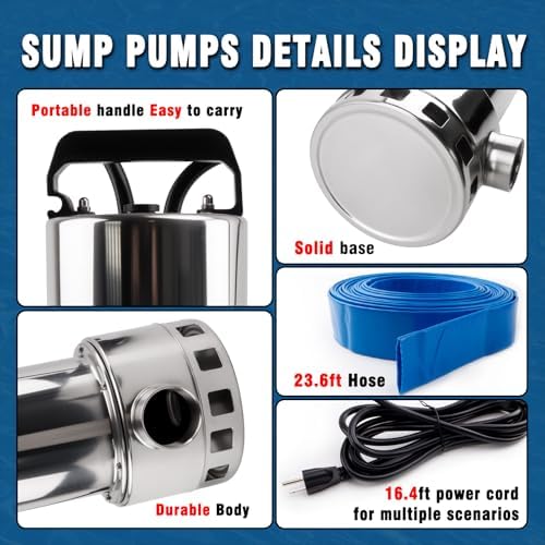 1.5HP Sump Pump, 4000GPH High Flow Clean&Dirty Water Pump