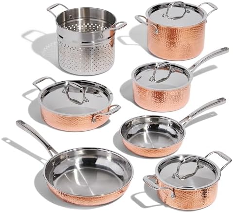 Lagostina Martellata Tri-ply Hammered Copper 11 PC Pots and Pans Cookware Set, Copper