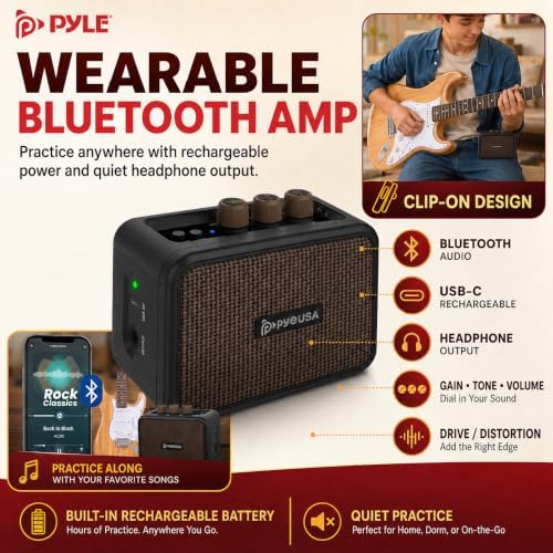Pyle Electric Guitar and Amp Kit - Full Size 39" Complete Starter Kit with Wearable Bluetooth Amplifier, 1/4” Cable, Carry Case, Strap, Strings, Picks, Cleaning Cloth, ST-Style Pickups (Black)