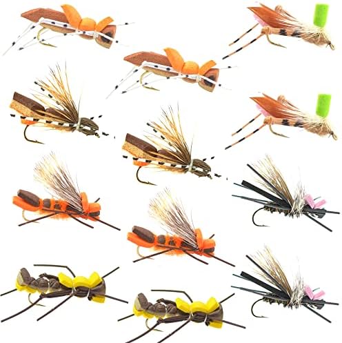 The Fly Fishing Place Foam Hopper Fly Fishing Flies Assortment, 12 Flies | Grasshopper Dropper Hoppers Patterns, 2 Each of 6 Patterns, Fly Box