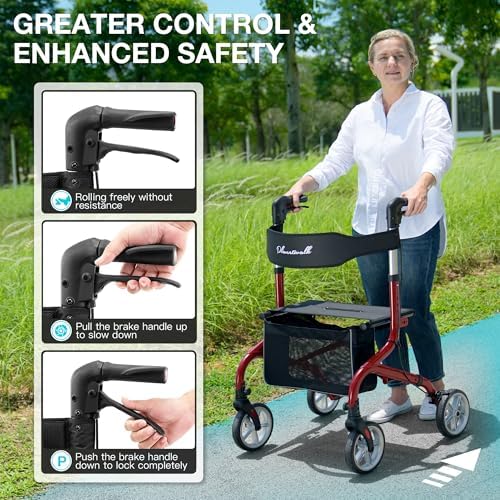 PLANET WALK Super Lightweight Rollator Walker for Seniors, Foldable Rolling Walker with Seat and 8" Rubber Wheels for All Terrain, Unique Design Aluminium Frame Sturdy Walkers for Traveling - Blue