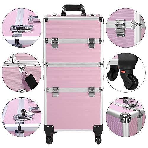 mefeir 3 in 1 Rolling Makeup Train Case, Aluminum Makeup Travel Organizer Cosmetic Case, Cosmetology Display Suitcase on Wheels, Beauty Storage Luggage Lockable w/4 Removable Wheels, Black
