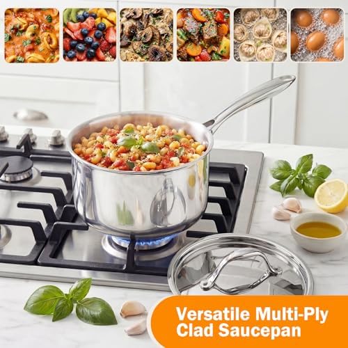 Cooks Standard Multi-Ply Clad 1.5 Quart Stainless Steel Saucepan with Lid, Small Kitchen Induction Cooking Sauce Pot Pan, Dishwasher & Oven Safe, Compatible with All Cooktops