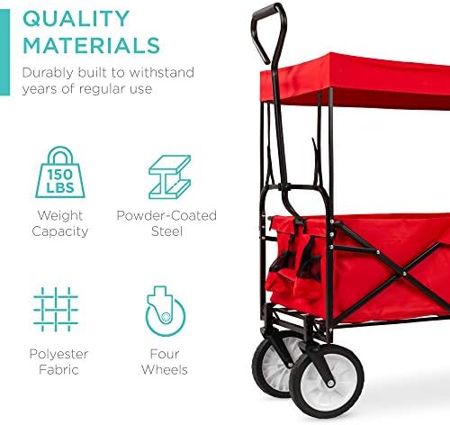 Best Choice Products Collapsible Folding Outdoor Utility Wagon with Canopy Garden Cart for Beach, Picnic, Camping, Tailgates w/Removable Canopy, Detachable Pockets, 150lb Weight Capacity - Red