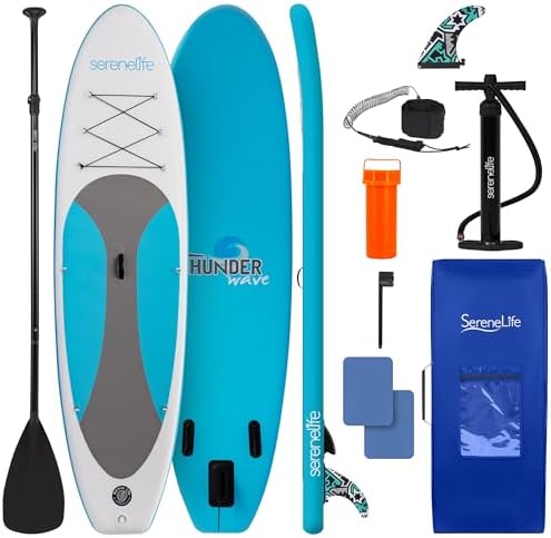 SereneLife 10’ Inflatable Stand Up Paddle Board with Premium SUP Accessories - Wide Stable Design with Non-Slip EVA Deck Pad, for Youth and Adults, 350 lbs. Capacity