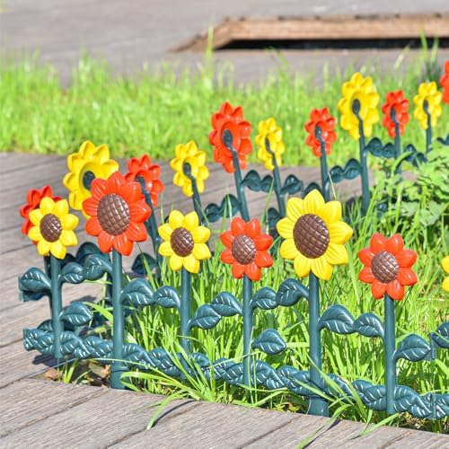 Sungmor Plastic Garden Picket Fence Edging, Sunflower Decor Lawn Flower Bed Border Panels, 4 Pack Total 98 Inches Length