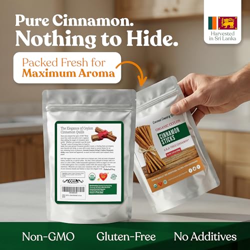 Organic Ceylon Cinnamon Sticks 8 oz - Whole Sticks from Sri Lanka, USDA | True Cinnamon 3" Quills, Fair Trade, Non-GMO, Gluten Free, Low Coumarin, Naturally Sweet Aroma, for Tea, Baking & Cooking
