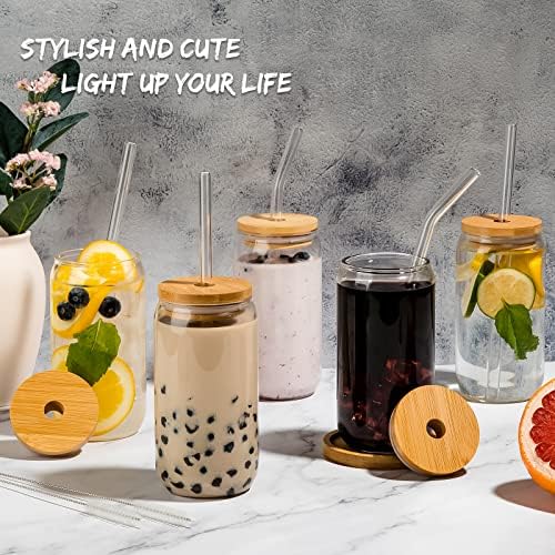 16 Oz Drinking Glasses - 6 Pcs Glass Cups with Bamboo Lids and Straws | Food-grade durable clear tumbler, Coffee bar accessories, Aesthetic gift