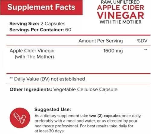 Apple Cider Vinegar Capsules with The Mother - 120 Vegan ACV Pills - Best Supplement for Healthy Weight Loss, Diet, Keto, Digestion, Detox