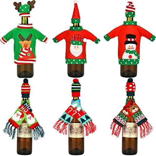 BALANSOHO 12 Pcs Christmas Ugly Sweater Wine Bottle Covers for Wine Bottles Cute Scarves Hats Cover Party Decor Table Decorations
