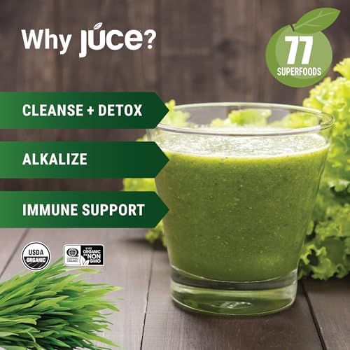Juce Greens Organic Superfood Powder | 64 Superfoods | 20 Servings | Harvest Apple flavor | 6 adaptogenic mushrooms