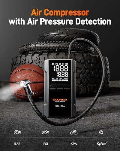 WOLFBOX MV16A 3000A Jump Starter with Air Compressor, 59.2Wh&160PSI Portable Car Battery Jump Starter with 65W Fast Charging, 12V Battery Pack (8L Gas 6L Diesel) with Boost, Light and Jumper Cables