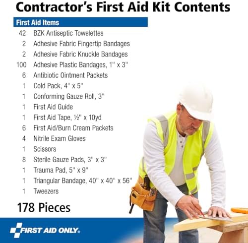 First Aid Only 9302-25M 25-Person Contractor's First Aid Kit for Home Renovation, Job Sites, and Construction Vehicles, 178 Pieces, White